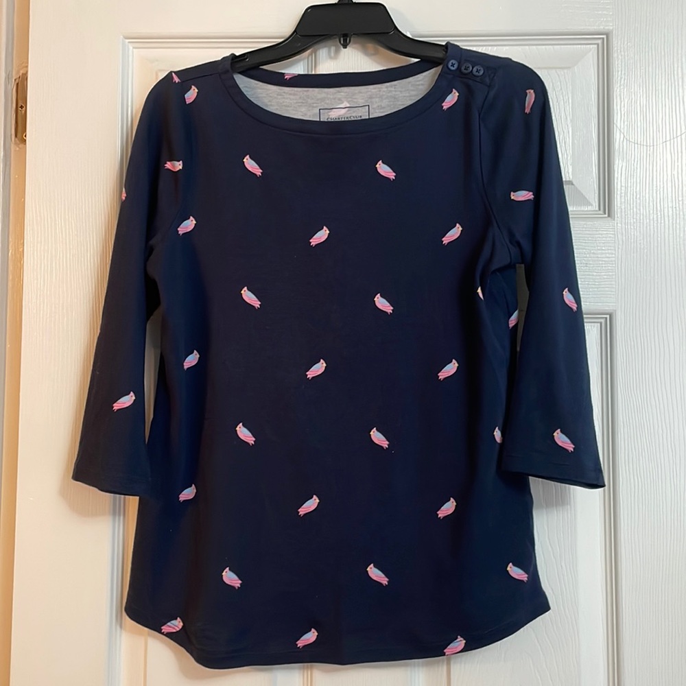Charter club navy w pink birds 3/4 slv shirt